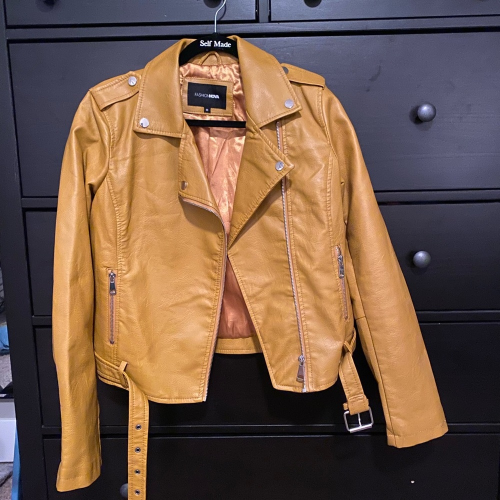 Burnt yellow leather jacket, women’s size medium, fashion nova